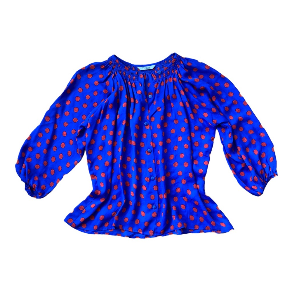 Tucker Silk Classic Blouse Blue Red Polka Dot